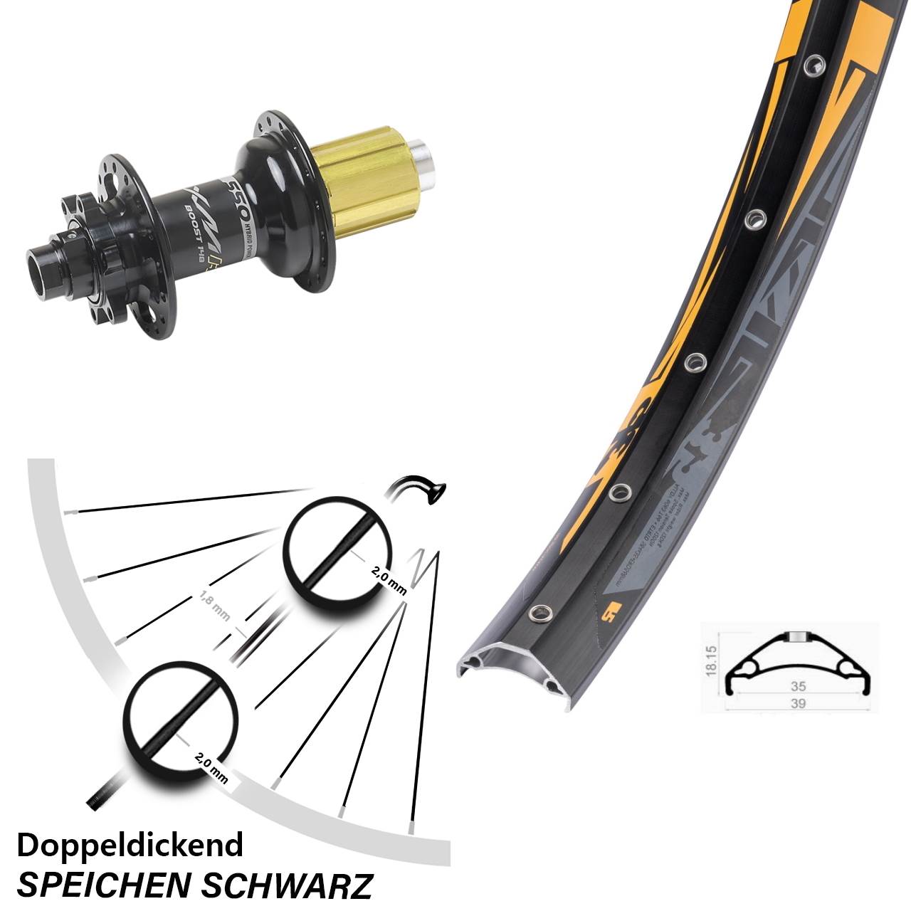 Disc Hinterrad 27,5 Zoll Rodi TRYP 35 Miche XMH 550 8-11 fach HG 12x148 Boost