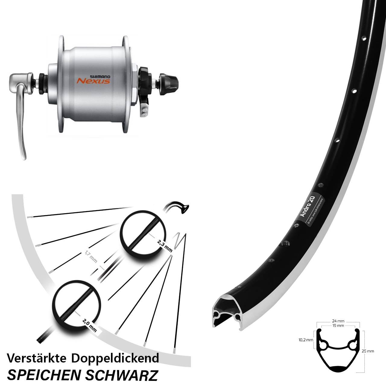 Vorderrad mit Nabendynamo QR 28 Zoll Ryde Andra 20 Shimano DH-C3000-3N