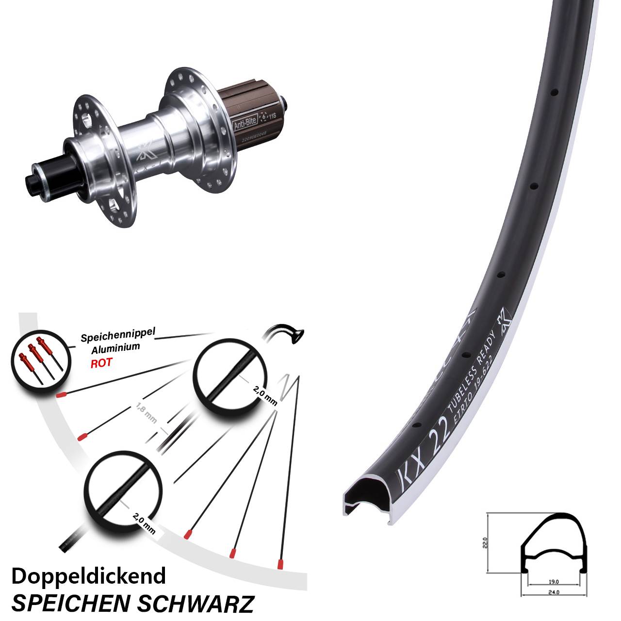 KX 22 OS KX-T 28 Zoll Laufrad hinten für Schnellspanner 8-12 fach HG