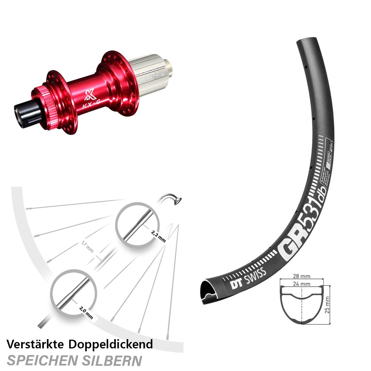 Gravel Hinterrad 28-29 Zoll KX-G rot Steckachse Centerlock 8-12 fach DT Swiss GR 531
