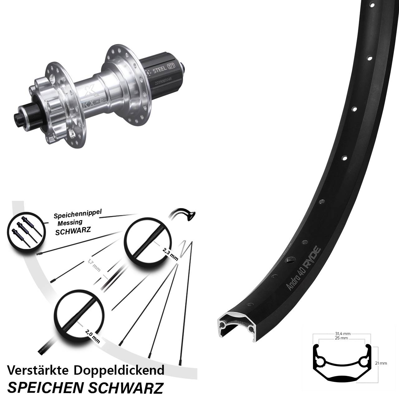 27,5 Zoll Hinterrad KX-E Nabe silbern 5x135 mm 6-loch 8-12 fach Ryde Andra 40 Disc