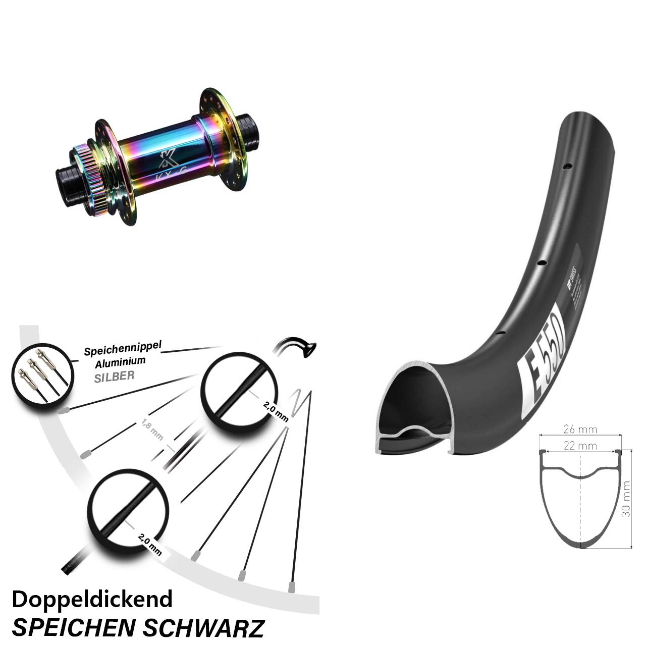 28 Zoll DT Swiss E 550 KX-G Oilslick Vorderrad Centerlock 12x100