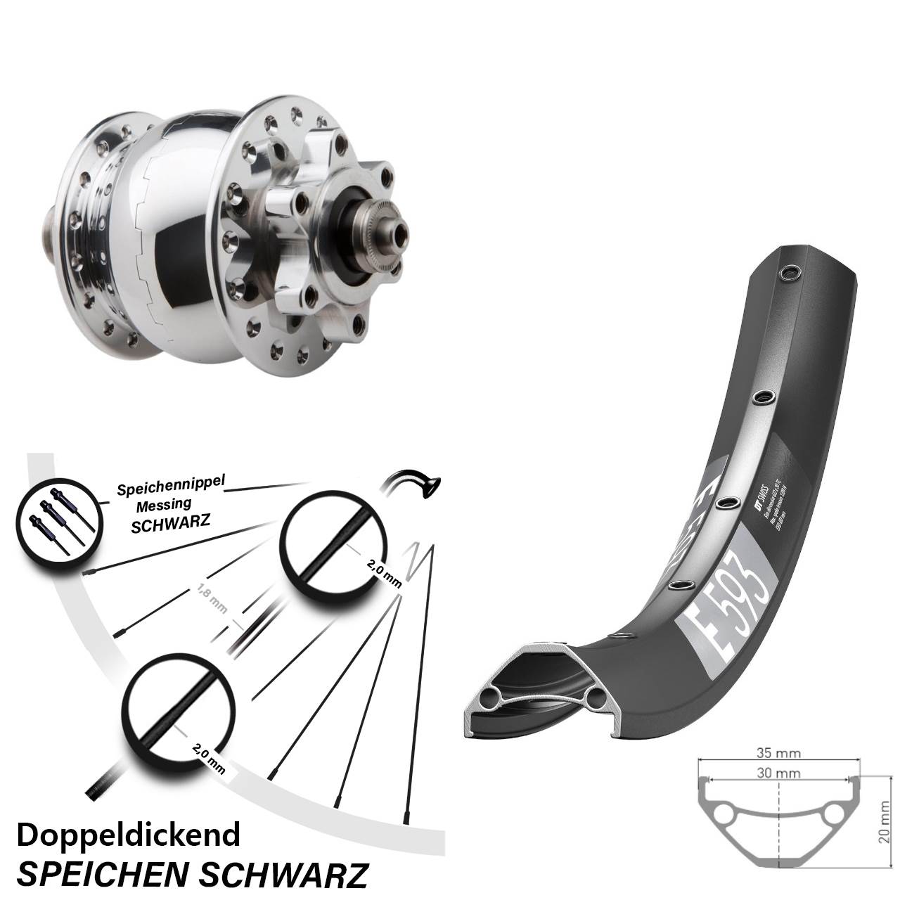 Disc Nabendynamolaufrad für Schnellspanner 27,5 Zoll DT Swiss E593 SON 28