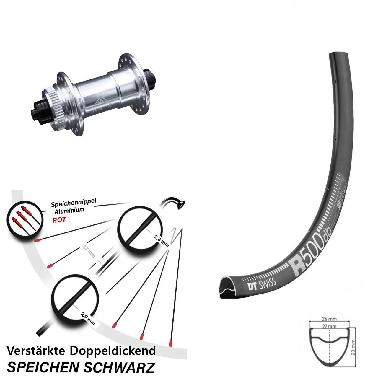 Disc DT Swiss R 500 Vorderrad 28 Zoll verstärkt KX-E silbern-eloxiert 5x100 mm Centerlock