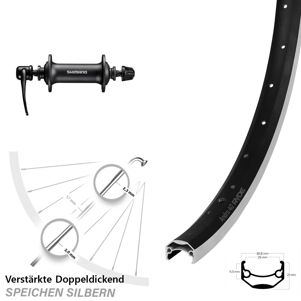 Ryde Andra 40 Shimano HB-T3000 28 Zoll Vorderrad für Schnellspanner