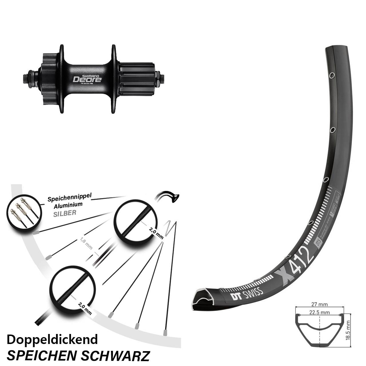 Hinterrad 6-Loch 28 Zoll DT Swiss X 412 Shimano Deore 8-11 fach QR