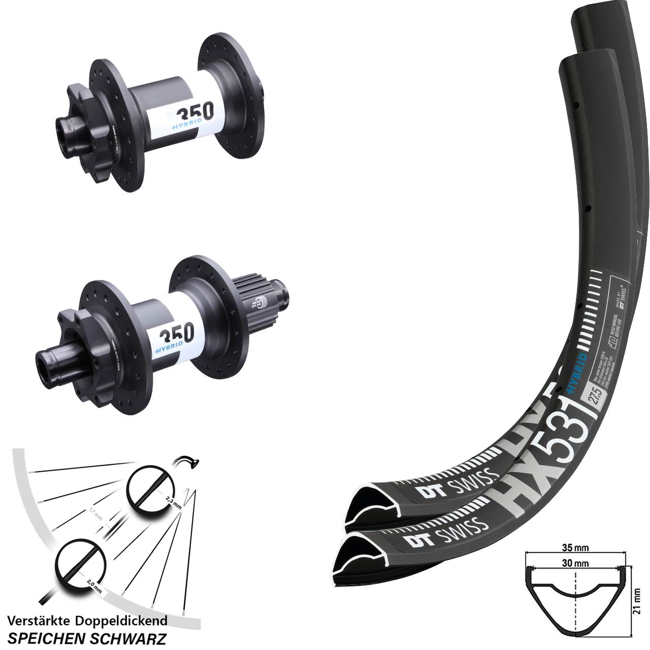 HX 531 DT Swiss 350 Hybrid 6-Loch 27,5 Zoll Laufrad-Satz 15x110 12x148 Micro Spline