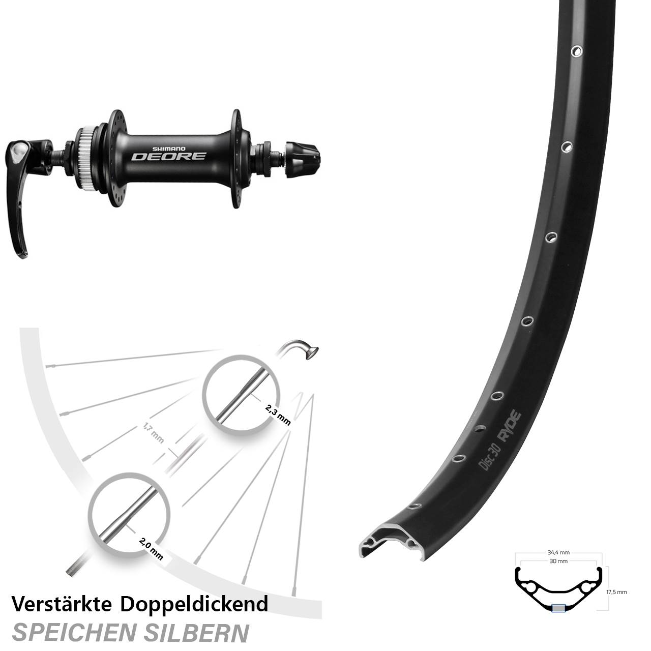 Ryde Disc 30 Shimano Deore 29 Zoll Vorderrad Centerlock für Schnellspanner
