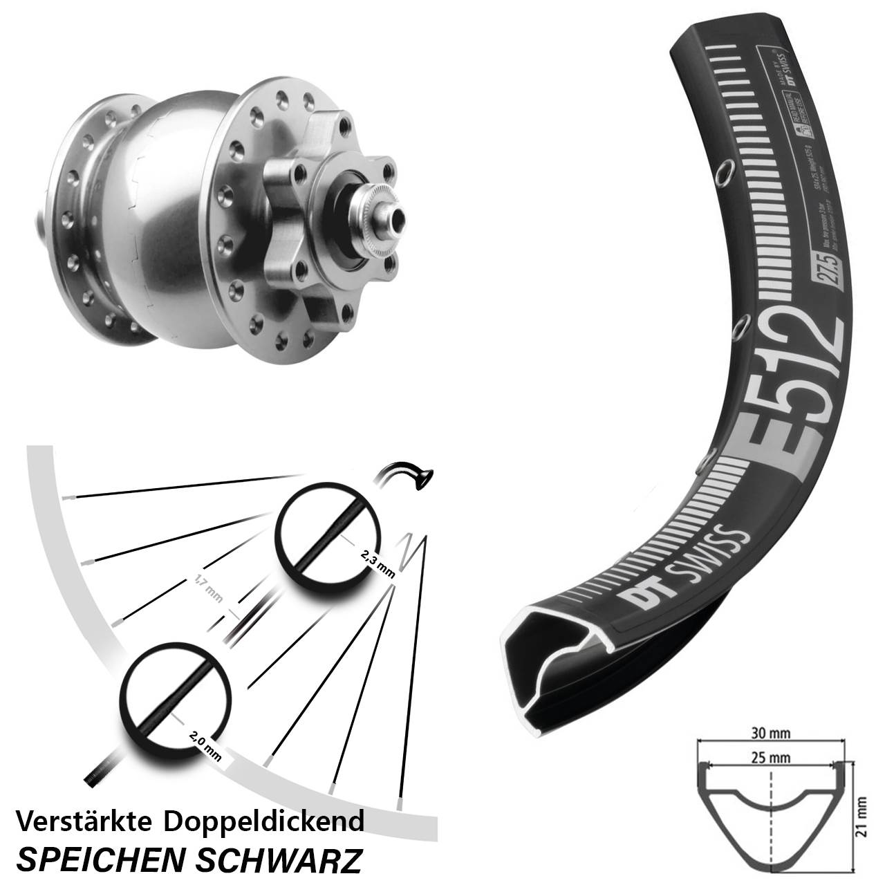 29 Zoll Nabendynamovorderrad 6-Loch DT Swiss E512 SON 28 für Schnellspanner