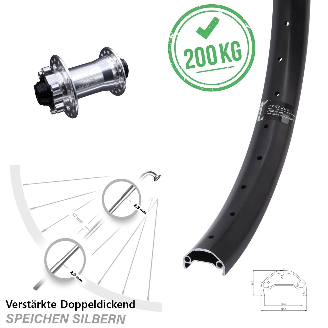 KX-E Cargo Vorderrad 20 Zoll Lastenrad Heavy Duty Nabe silbern mit 4 Kugellagern 6-loch