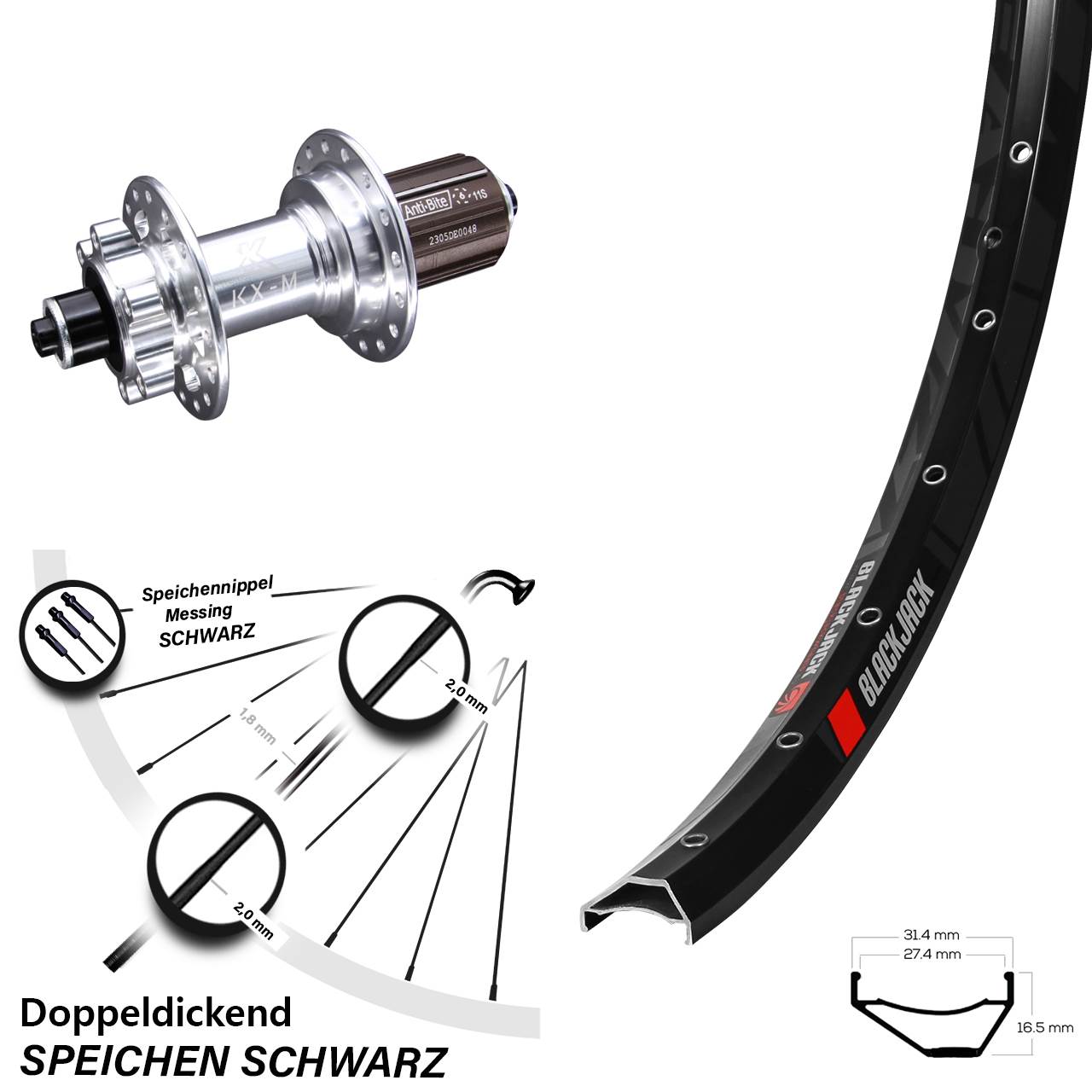 6-Loch Hinterrad 27,5 Zoll Rodi Ready 27 KX-M 8-12 fach HG für Schnellspanner