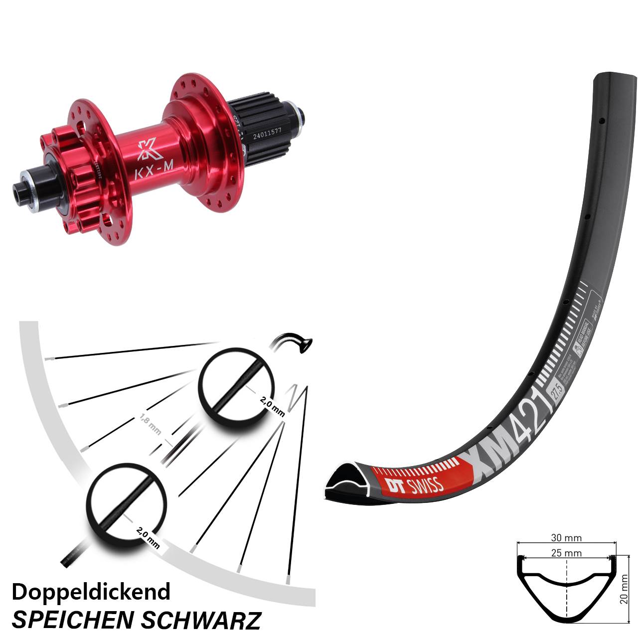 Disc Hinterrad 650B DT Swiss XM421 KX-M rot Shimano Micro Spline QR