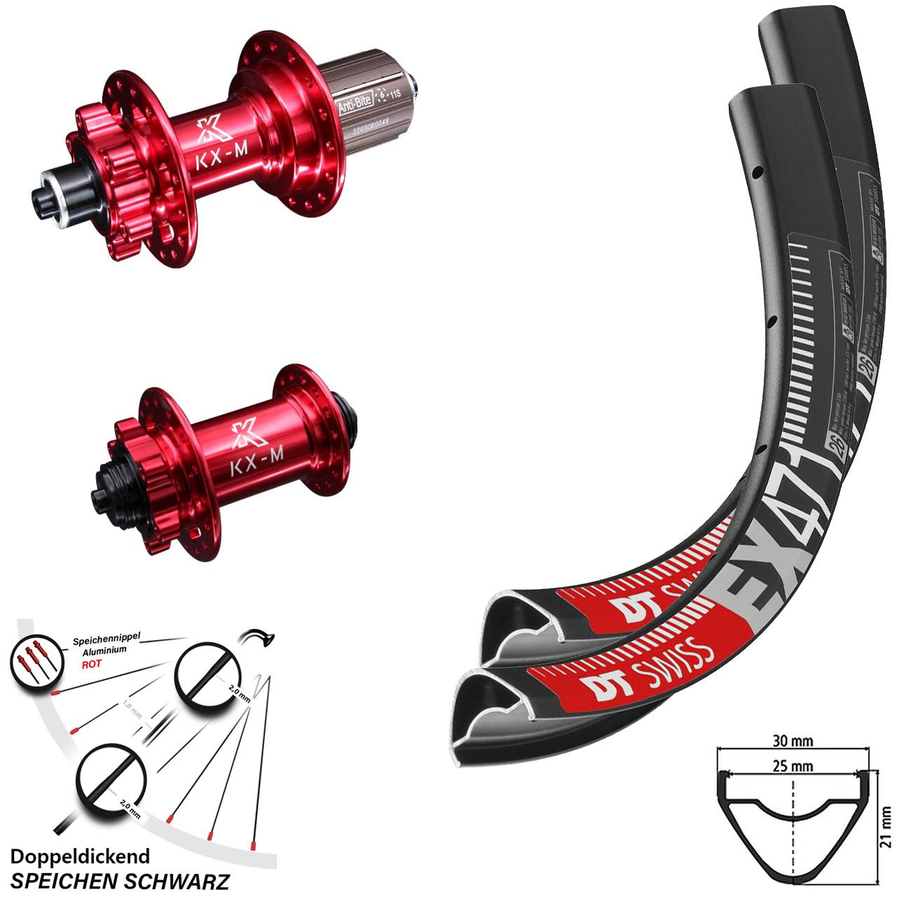 DT Swiss EX 471 Laufradsatz 29 Zoll rot eloxiert KX-M 6-loch Schnellspanner 8-12 fach