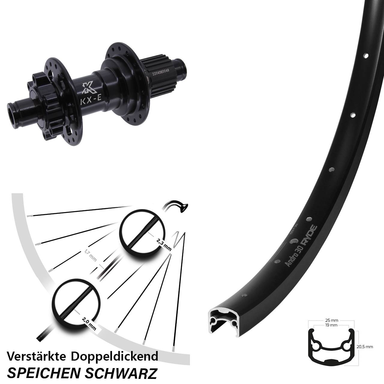 29 Zoll Ryde Andra 30 KX-E Heavy Duty Disc Hinterrad 12x142 Shimano Micro Spline