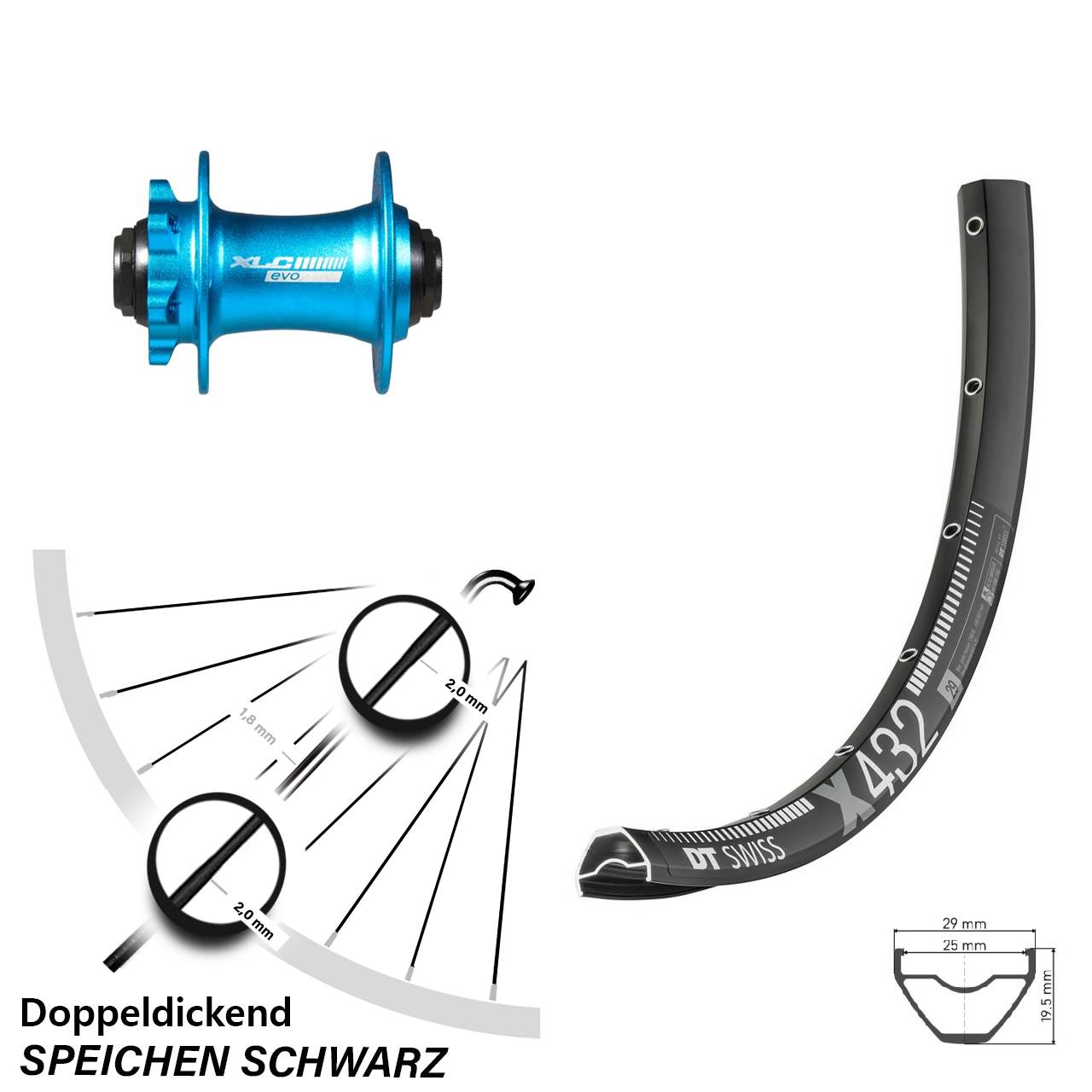 Vorderrad 6-Loch 15x100 29 Zoll DT Swiss X 432 XLC Evo blau