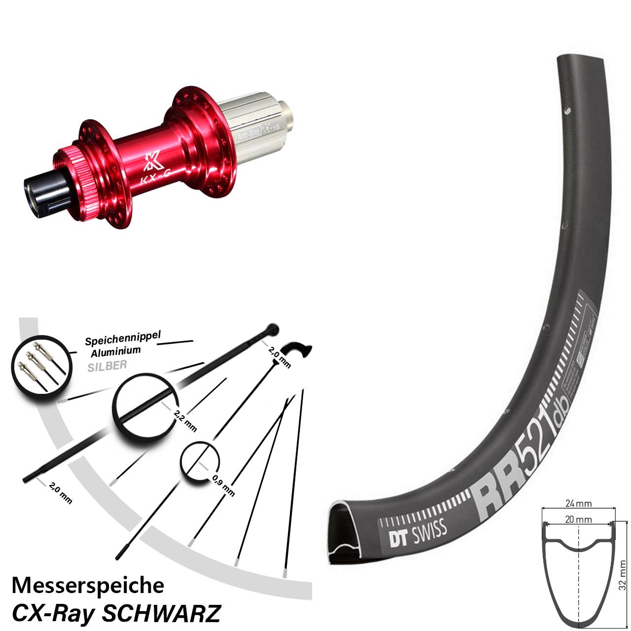 DT Swiss RR521 KX-G rot 28 Zoll Disc Laufrad 12x142 CX-Ray 8-12 fach