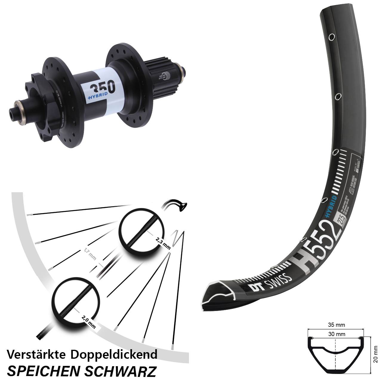 Hinterrad 29 Zoll DT Swiss H552-350 Hybrid Micro Spline für Schnellsp.