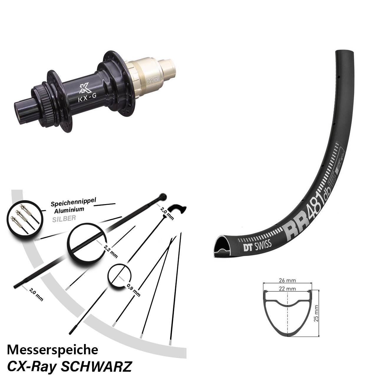 28 Zoll Hinterrad KX-G 12x142 mm Sram XDR 24x Messerspeichen CX Ray DT Swiss RR 481