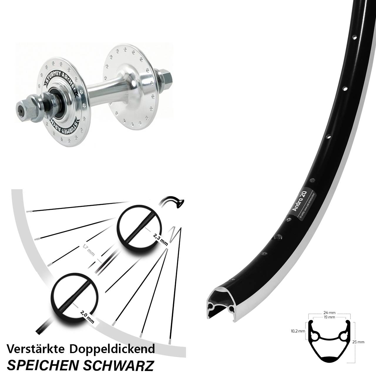 28 Zoll Ryde Andra 20 Sturmey Archer Vorderrad schwarz