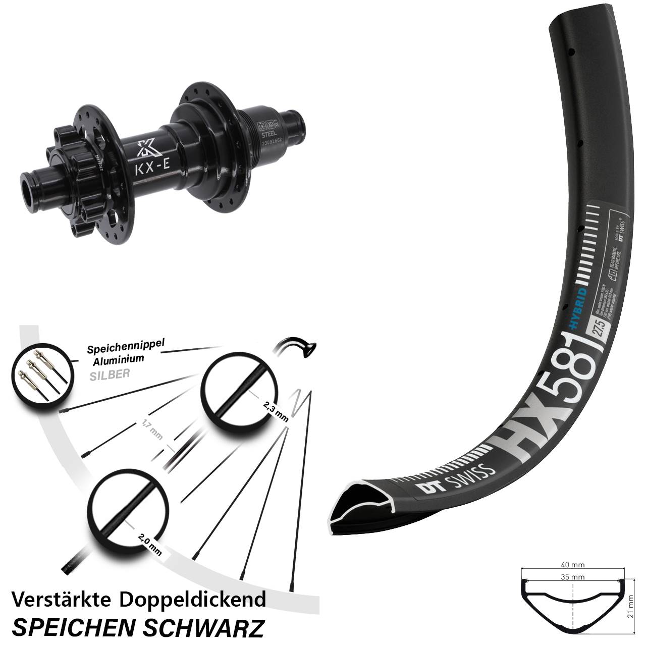DT Swiss HX581 KX-E Stahl Freilauf 27,5 Zoll 6-Loch Hinterrad 12x148 Boost XD 11-12 fach