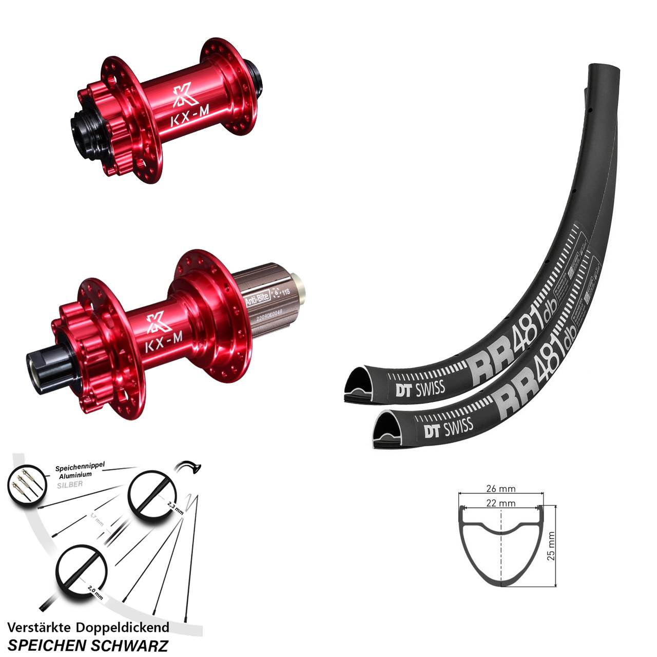 DT Swiss RR 481 KX-M rot 28 Zoll 6-Loch Laufradsatz 15x100 12x142 8-12 fach HG