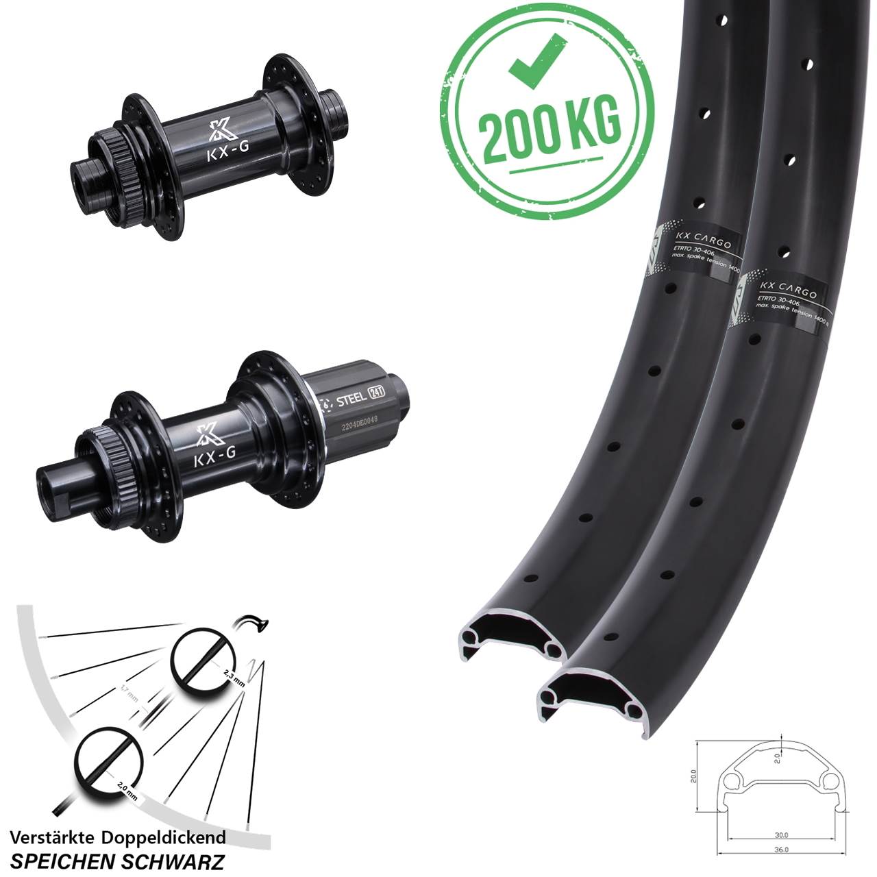 Laufradsatz Centerlock 20 Zoll KX-GS Cargo Heavy Duty 8-12 fach 15x100 12x142