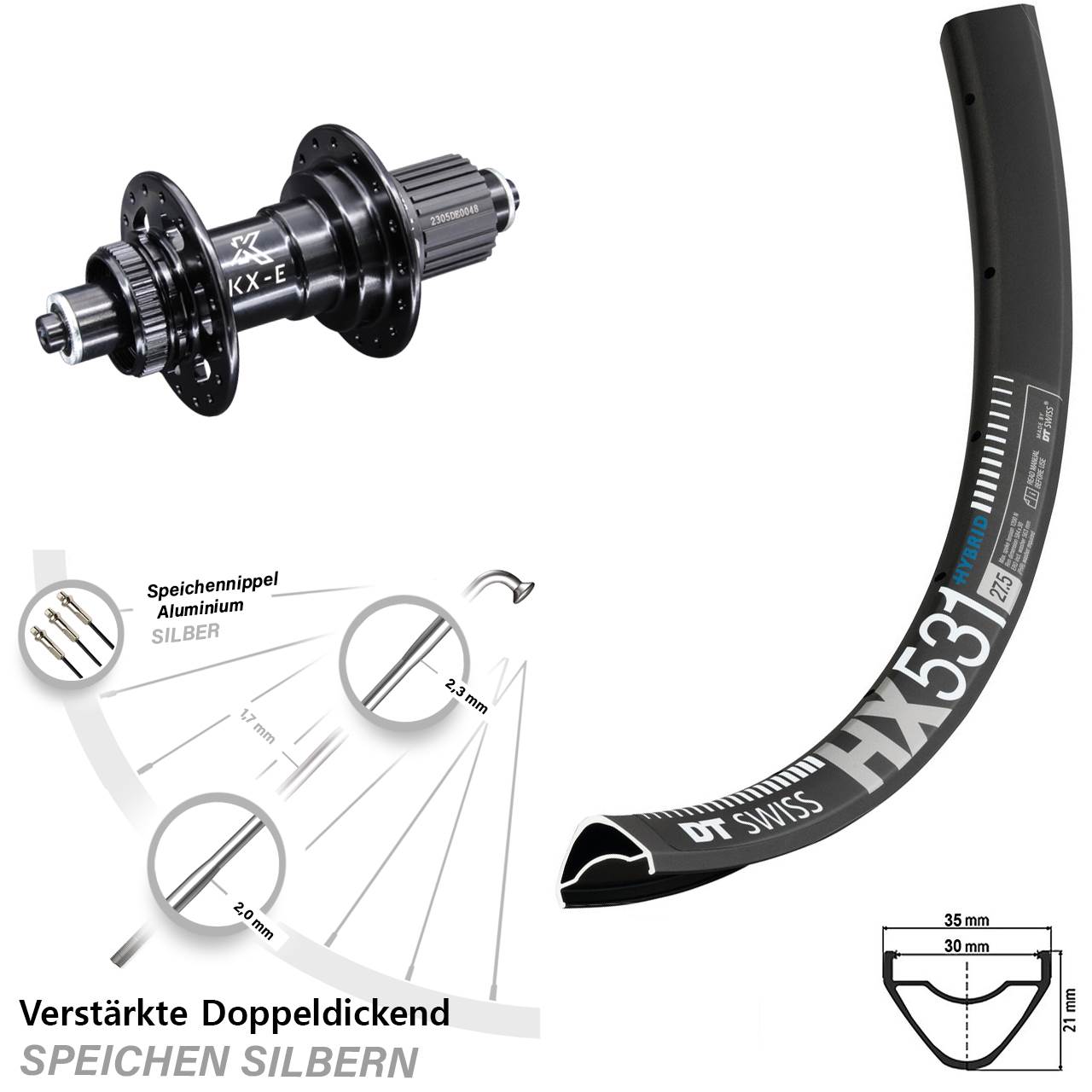 DT Swiss HX 531 Hinterrad 29 Zoll verstärkt KX-E 5x135 mm Centerlock Micro Spline 12-fach