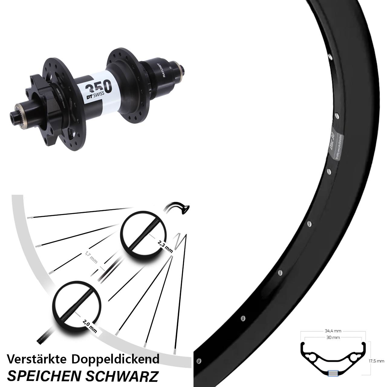 29 Zoll Ryde Disc 30 DT Swiss 350 Boost 6-Loch Hinterrad für Schnellspanner XD