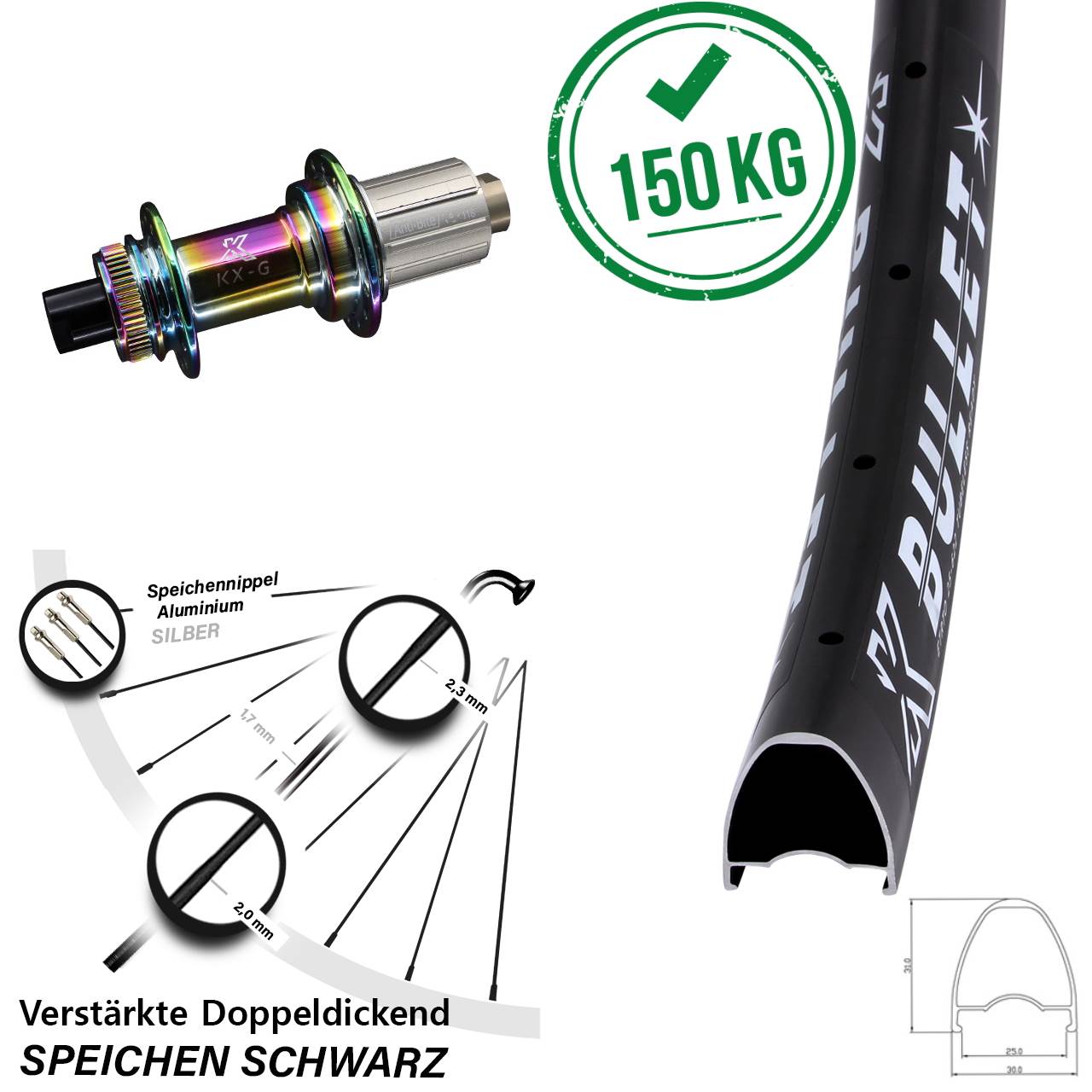 Hinterrad Centerlock 28 Zoll KX-G Bullet Oilslick 8-12 fach HG 12x142