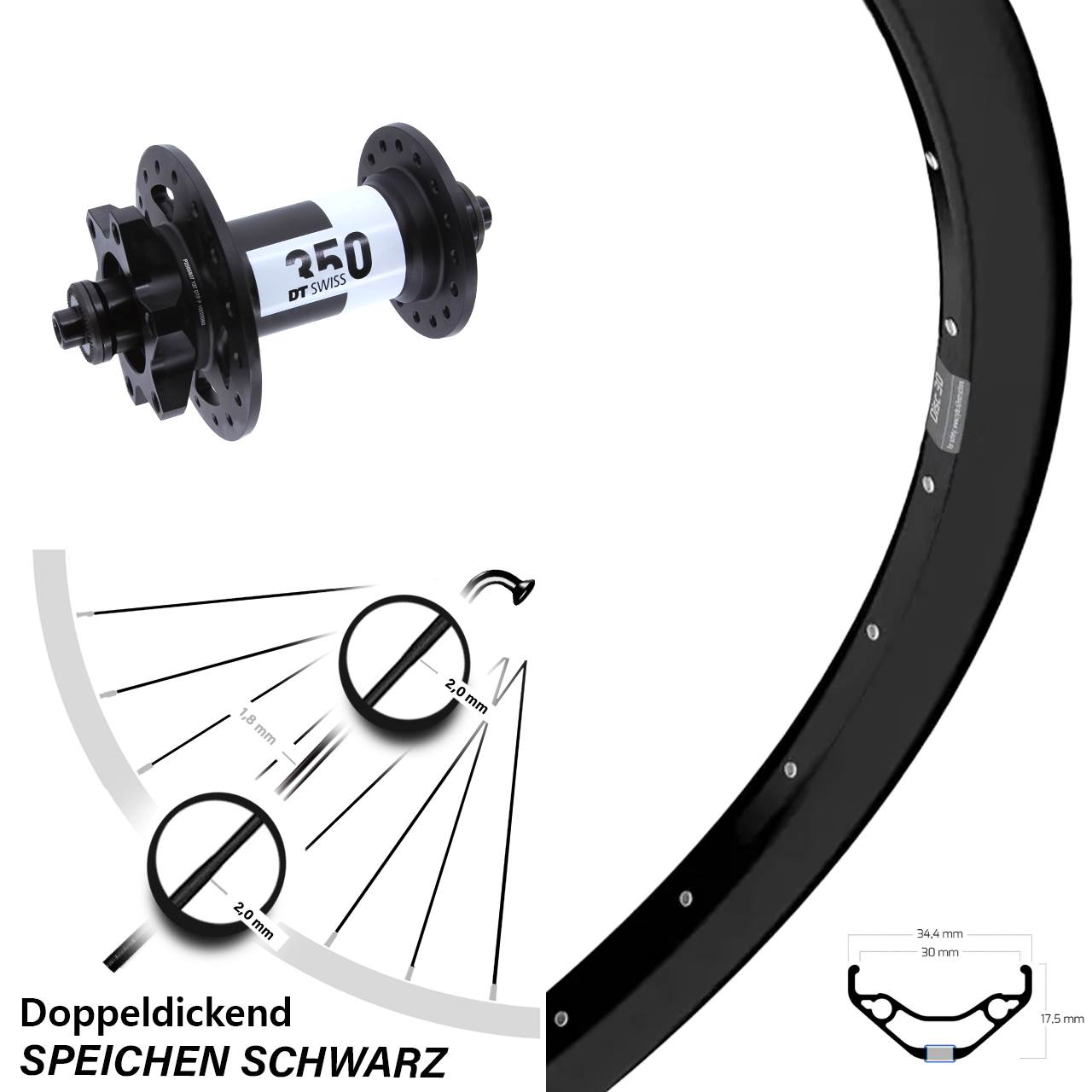 Vorderrad Ryde Disc 30 27,5 Zoll DT Swiss 350 6-Loch QR