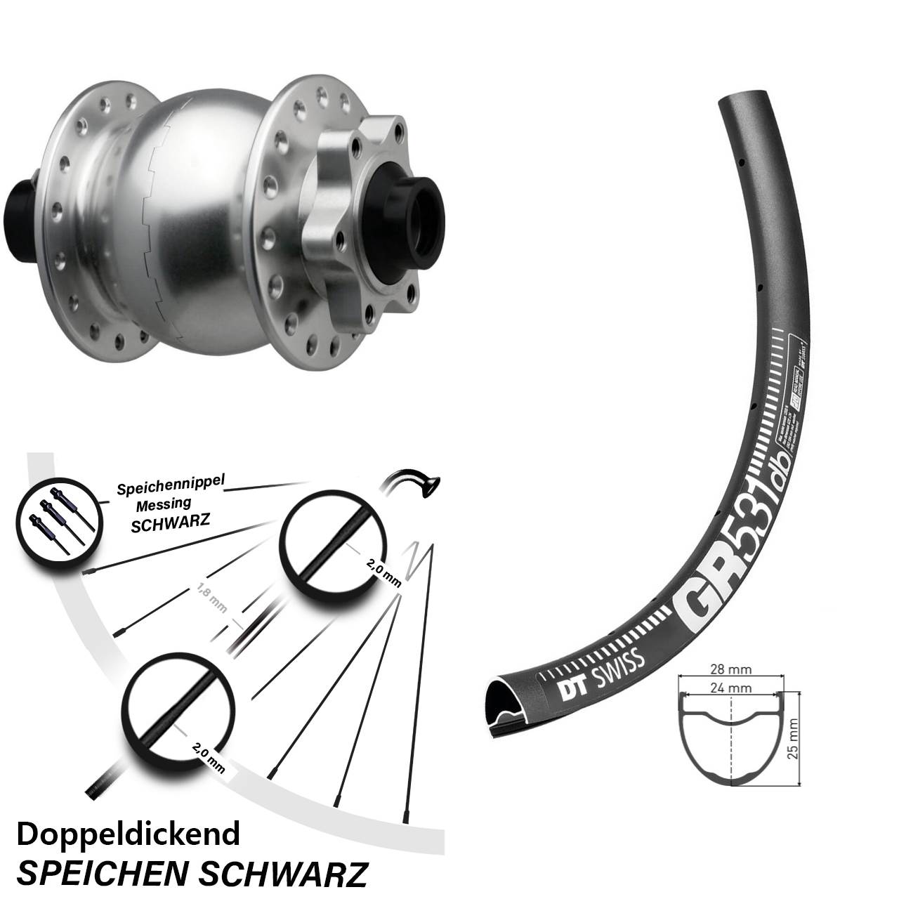 Disc Laufrad mit Nabendynamo 29 Zoll DT Swiss GR531 SON 28 silbern 15x110 Boost
