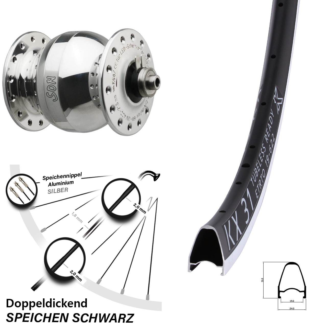 Nabendynamo-Vorderrad 28 Zoll KX 31 SONdelux wide body QR