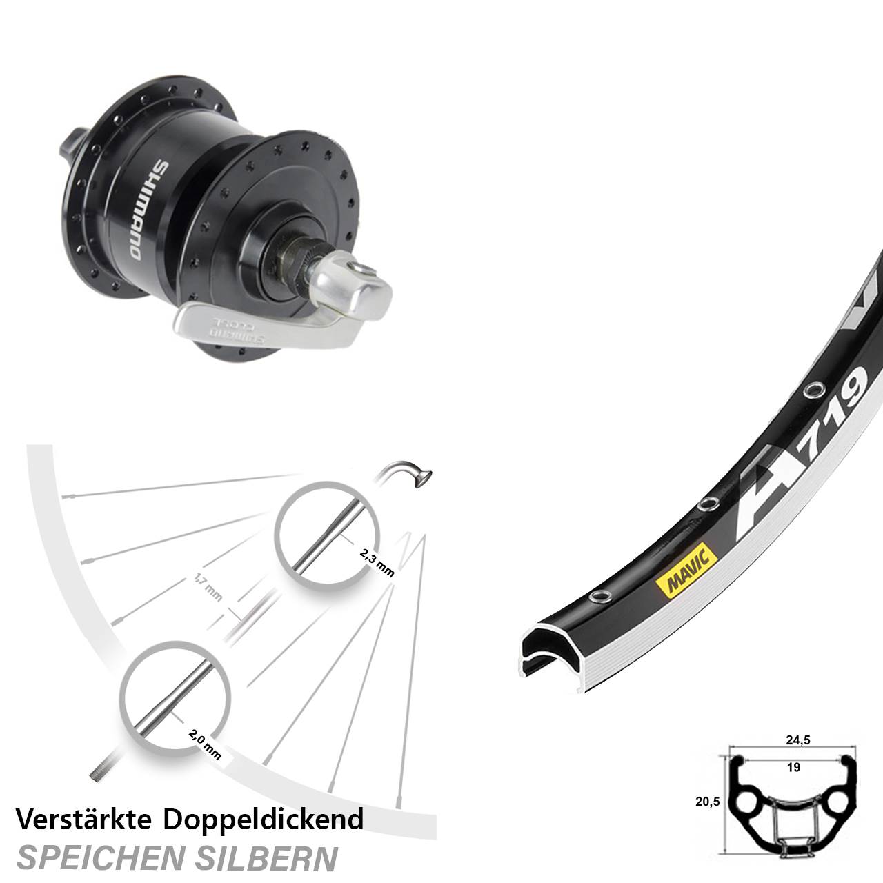 Nabendynamolaufrad 28 Zoll Mavic A719 Shimano DH3N72 QR