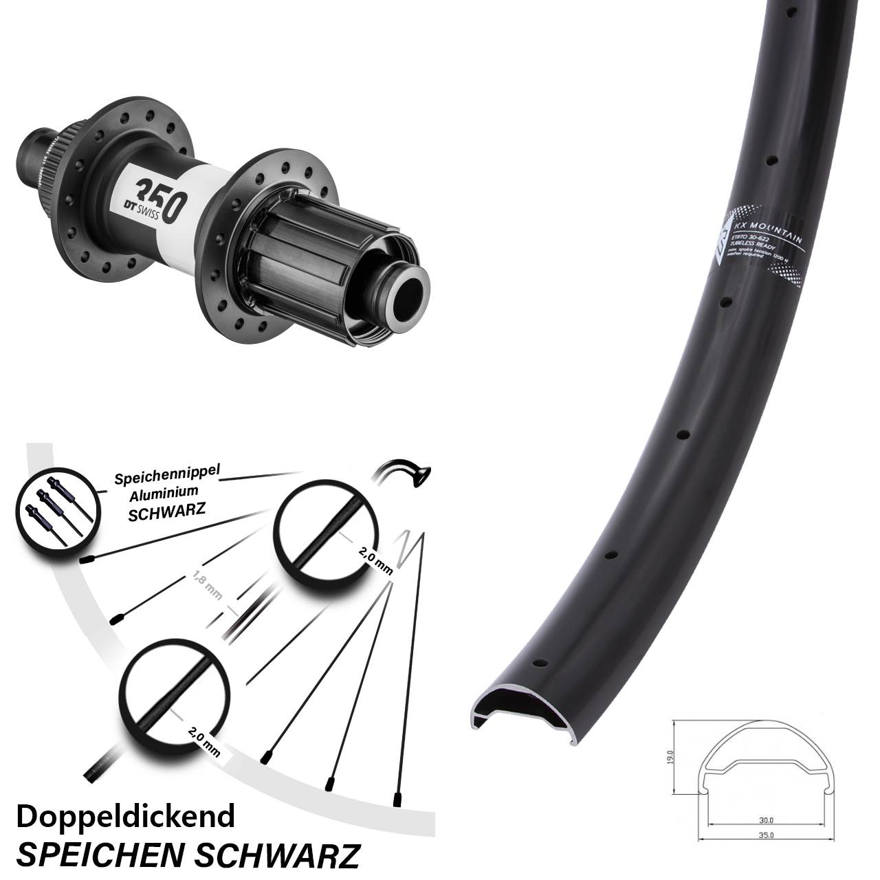 KX Mountain 29 Zoll Hinterrad Boost 12x148 mm DT Swiss 350 11-fach MTB 30-622 ETRTO