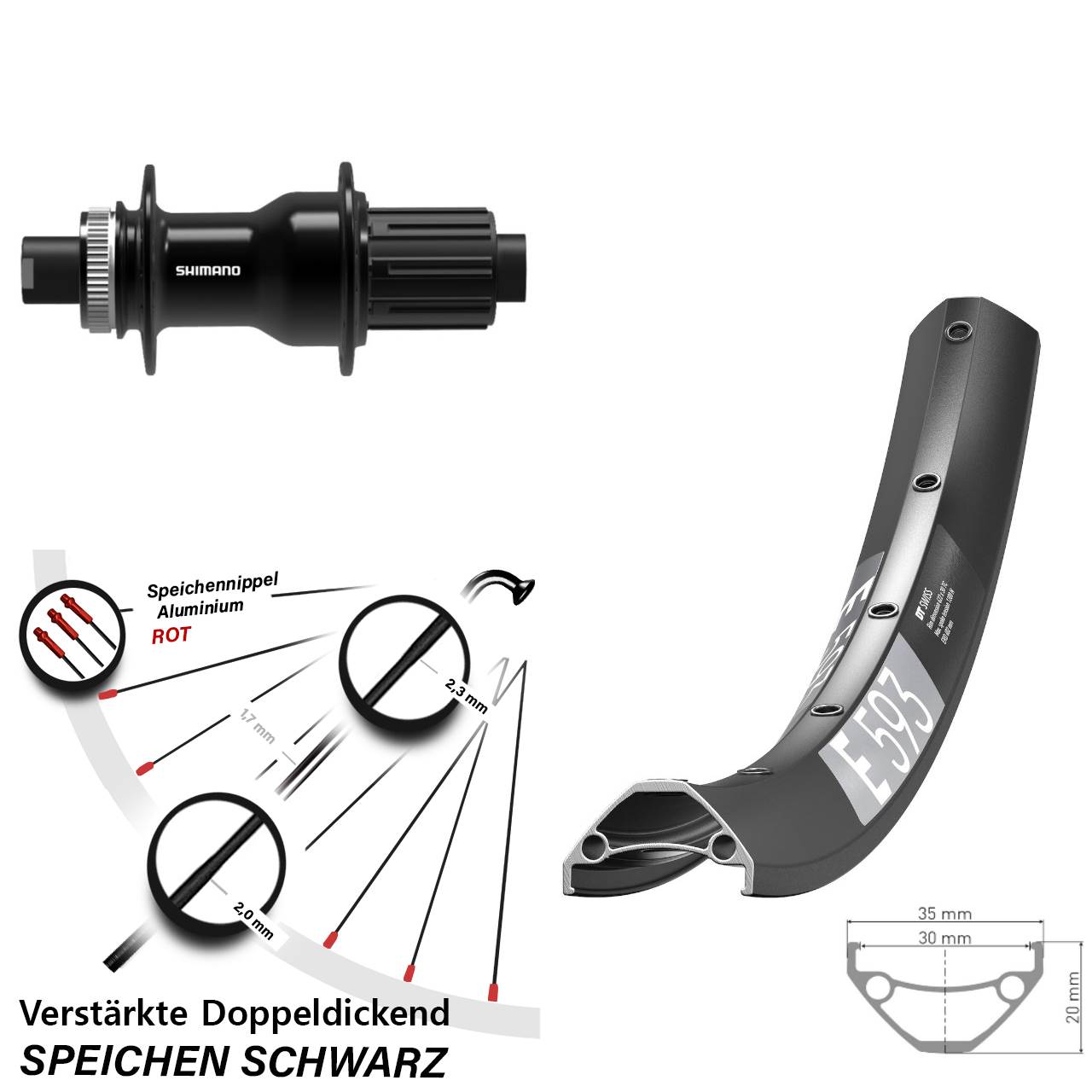 27,5 Zoll DT Swiss E593 Shimano FH-TC500-B Boost Disc Laufrad 12x148 8-11 fach HG