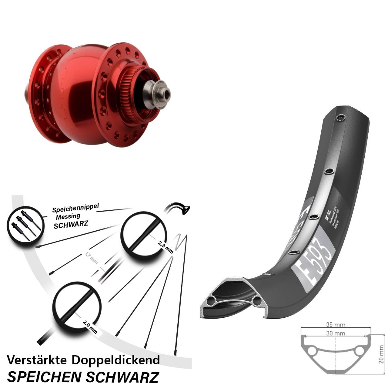 29 Zoll DT Swiss E593 SONdelux rot Disc Nabendynamolaufrad QR