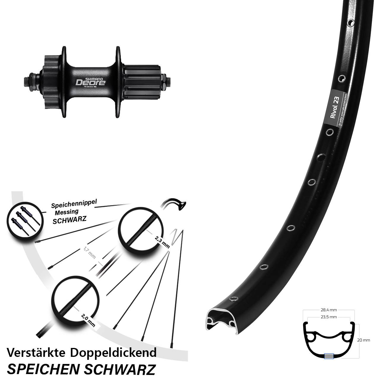 Disc Hinterrad 650B Ryde Rival 23 Shimano Deore FH-M525 8-11 fach für Schnellspanner
