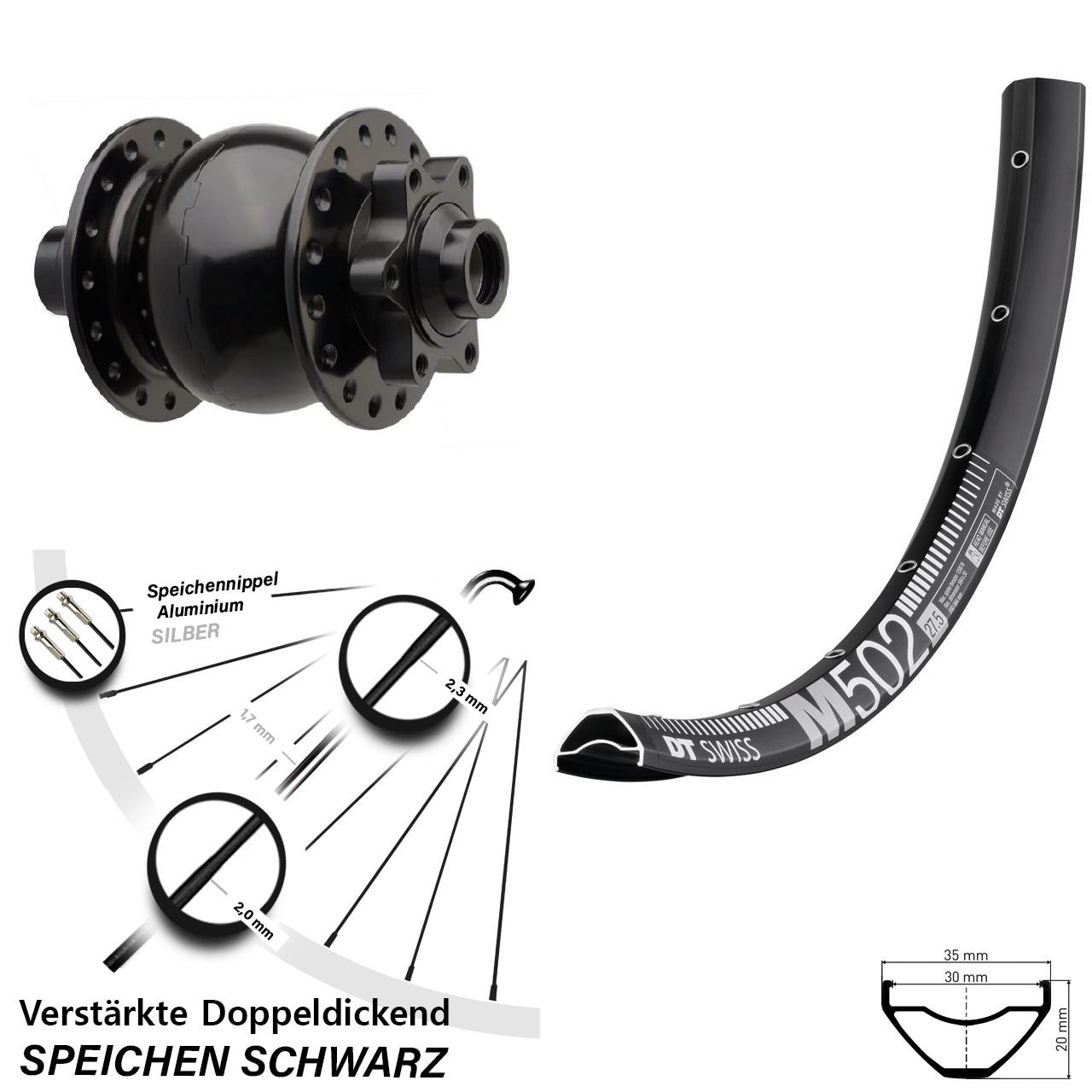 Boost Nabendynamovorderrad 6-Loch 15x110 27,5 Zoll DT Swiss M502 SON 28