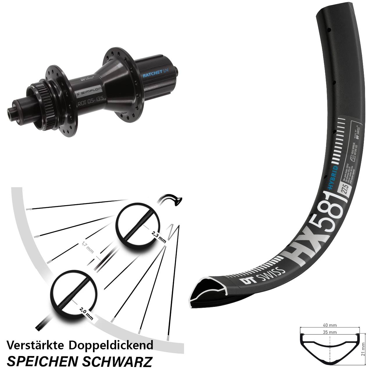 DT Swiss HX 581-370 Hybrid 27,5 Zoll Centerlock Hinterrad für Schnellspanner 8-11 fach