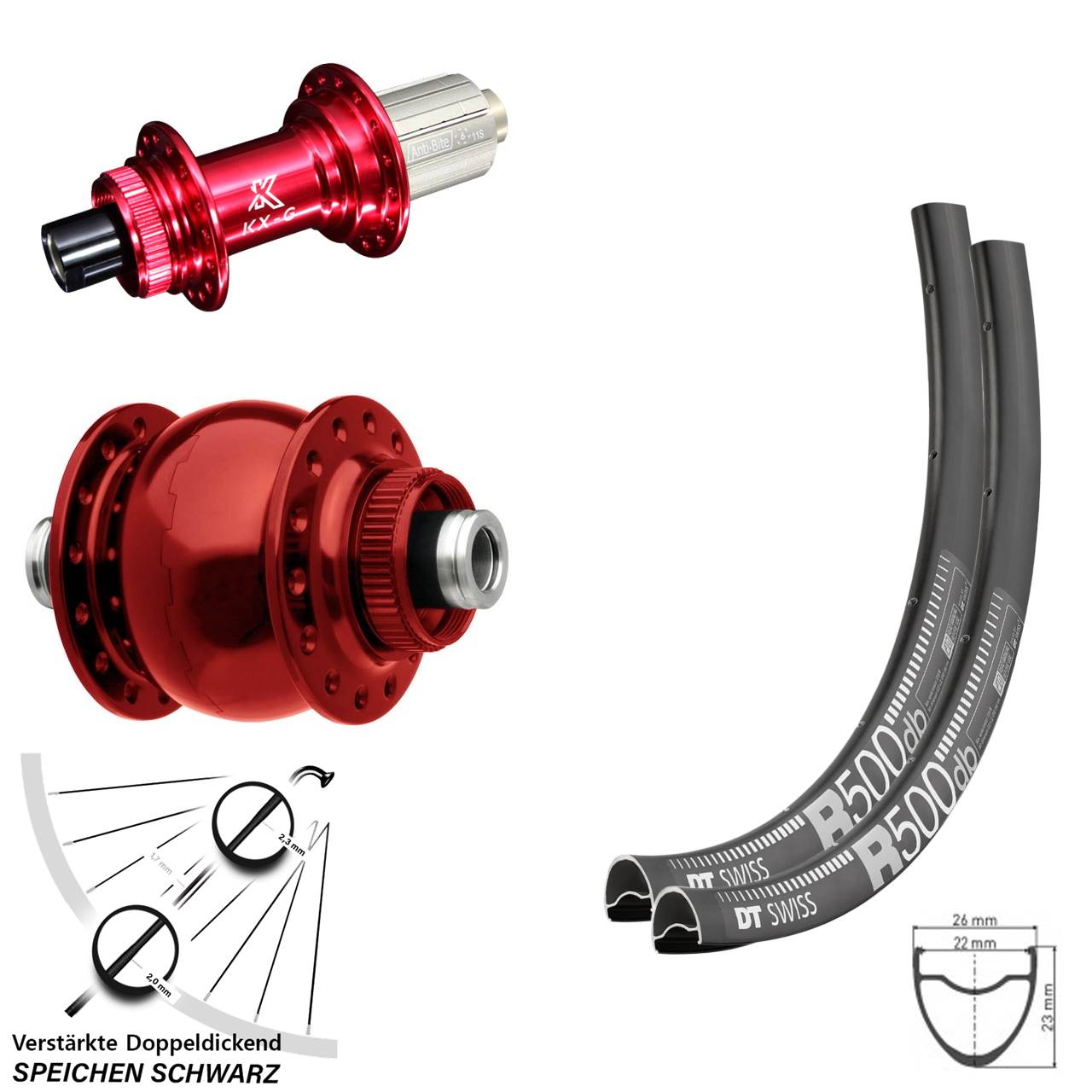 Disc Laufradsatz 12x100/142 28-29 Zoll DT Swiss R 500 KX-G rot SON 28 rot 8-12 fach