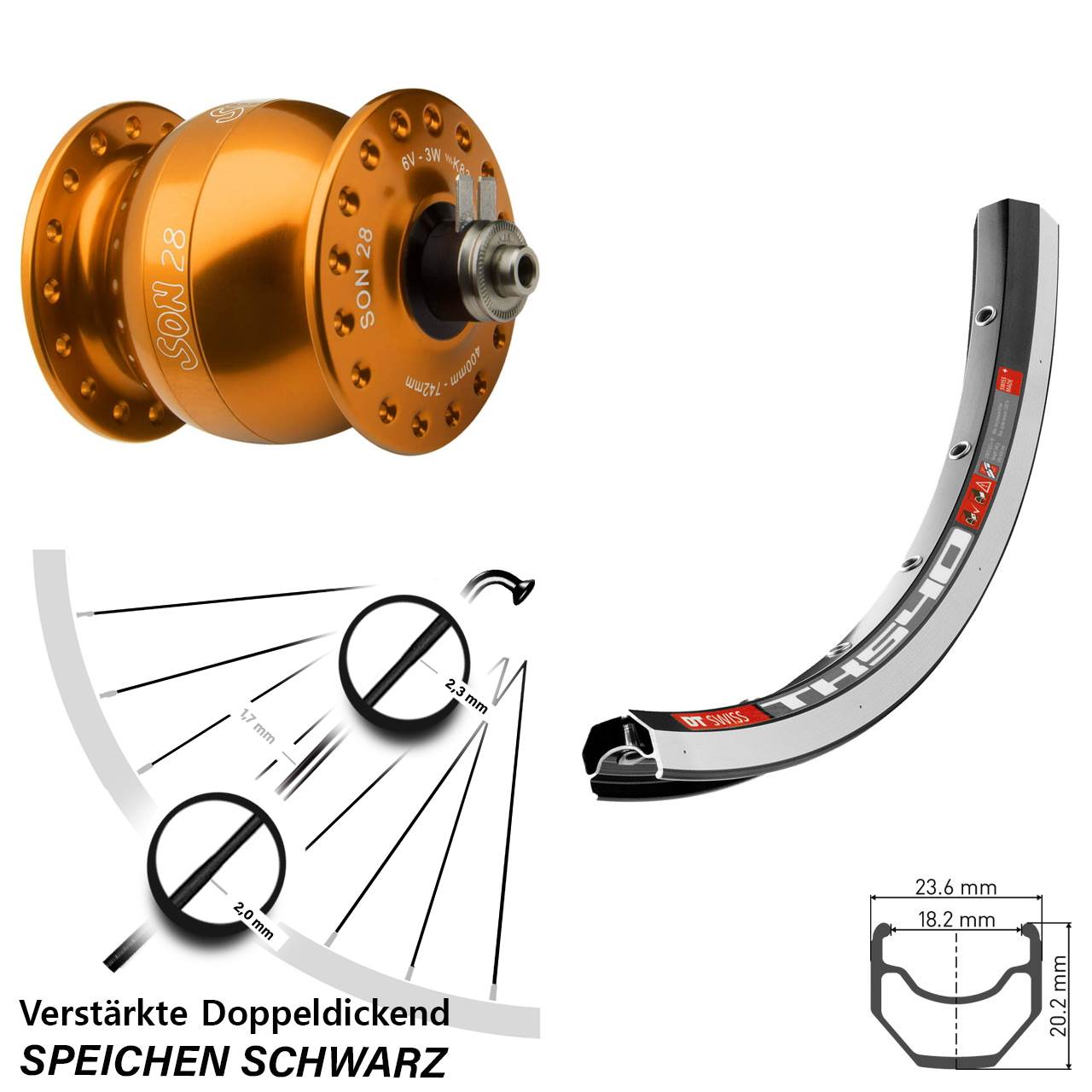 orangener SON 28 Zoll DT Swiss TK 540 Vorderrad mit Nabendynamo für Schnellspanner