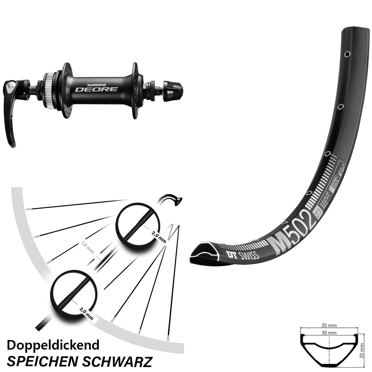 29 Zoll DT Swiss M 502 Shimano Deore Vorderrad Centerlock für Schnellspanner