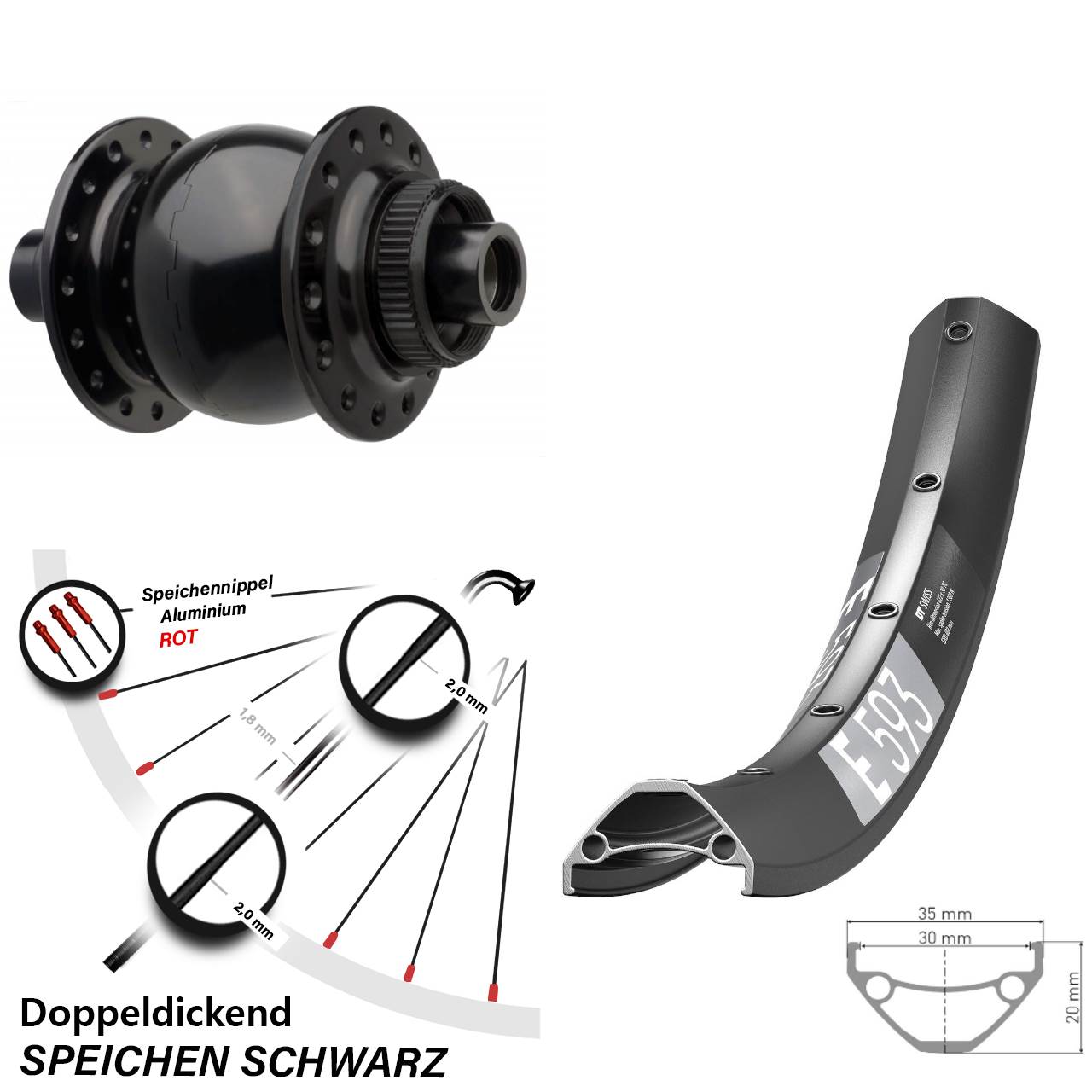 27,5 Zoll DT Swiss E593 SON 28 Centerlock Vorderrad mit Nabendynamo 15x110 Boost