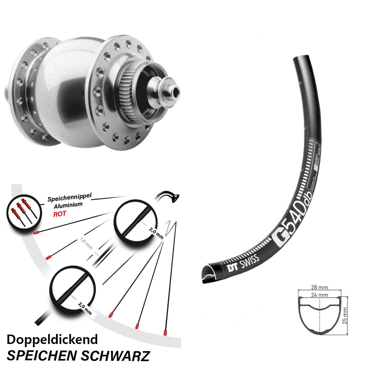 27,5 Zoll DT Swiss G540 SON 28 Dynamo-Vorderrad Centerlock für Schnellspanner