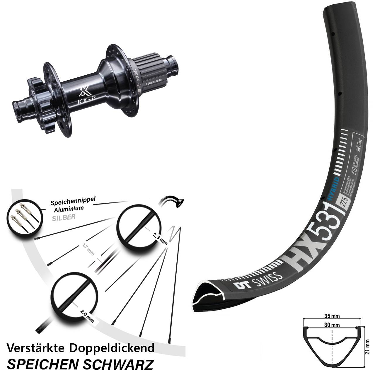 DT Swiss HX 531 Hinterrad 29 Zoll 12x148 mm KX-Boost 6-Loch Micro Spline Stahl