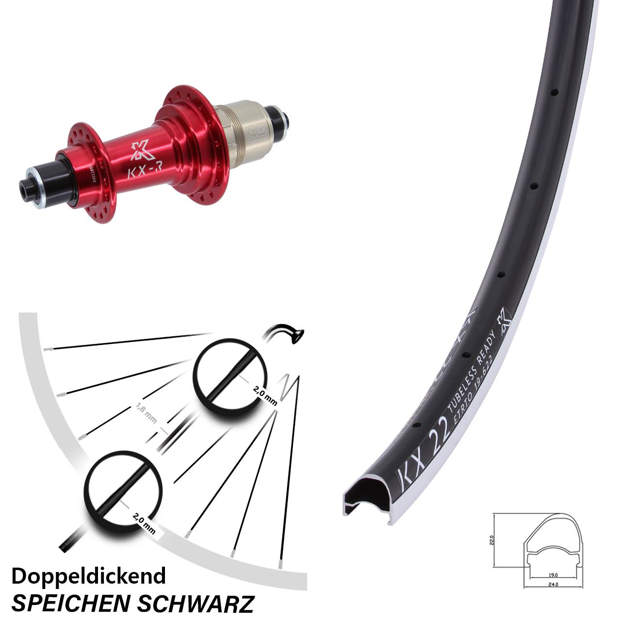 Laufrad hinten 28 Zoll KX 22 OS KX-R rot QR