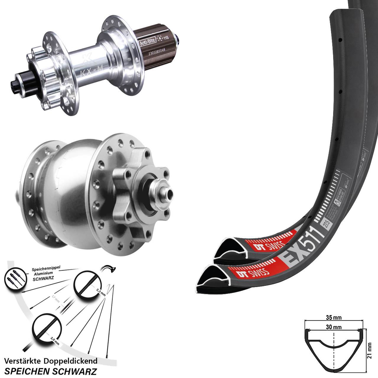 Disc Laufradsatz 27,5 Zoll DT Swiss EX511 KX-M SON 28 silbern 8-12 fach für Schnellspanner