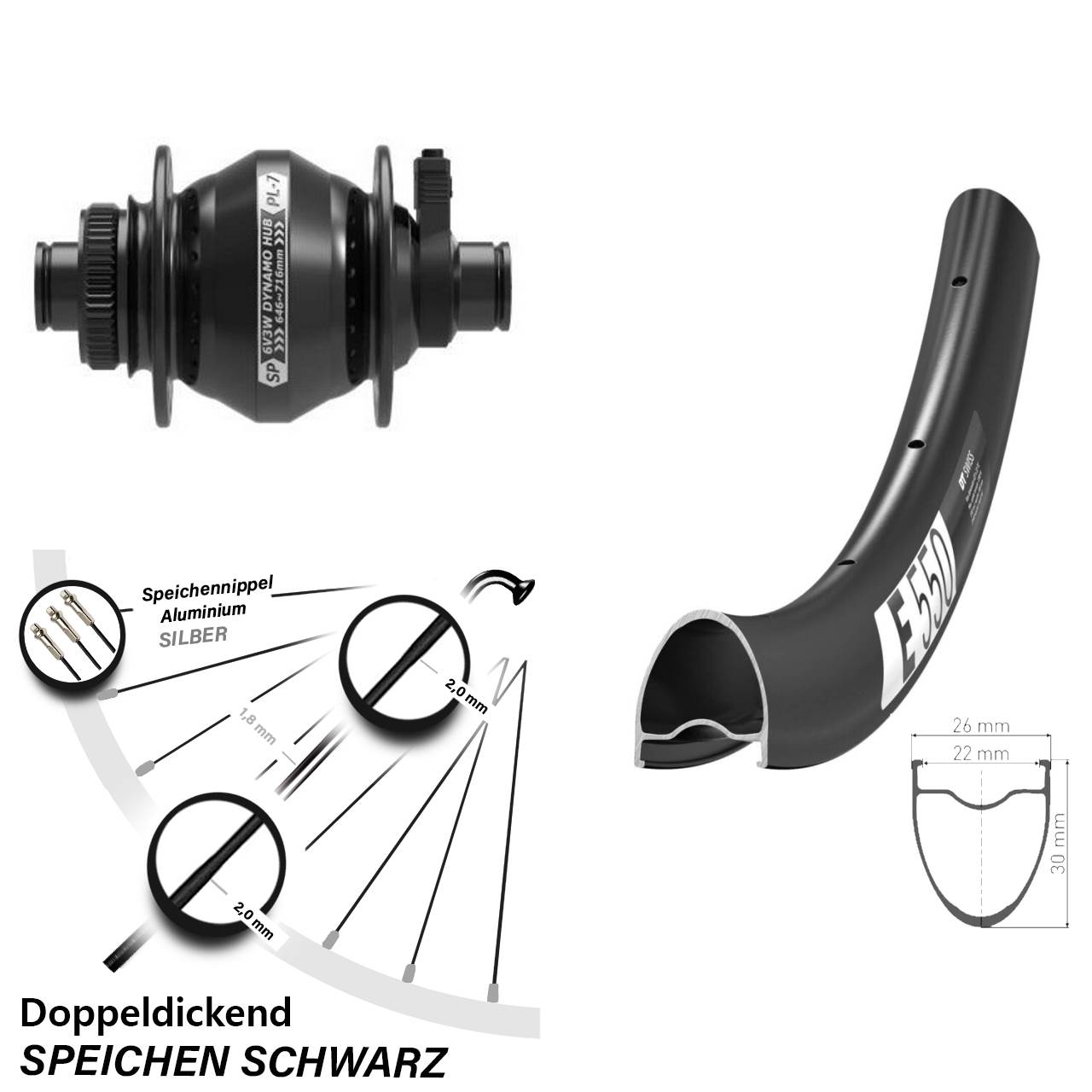 Disc Nabendynamovorderrad 28 Zoll DT Swiss E 550 Shutter Precision PL-7 12x100