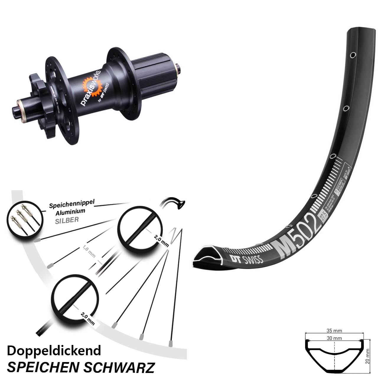 DT Swiss M 502-350 29 Zoll 6-Loch Hinterrad QR 8-11 fach