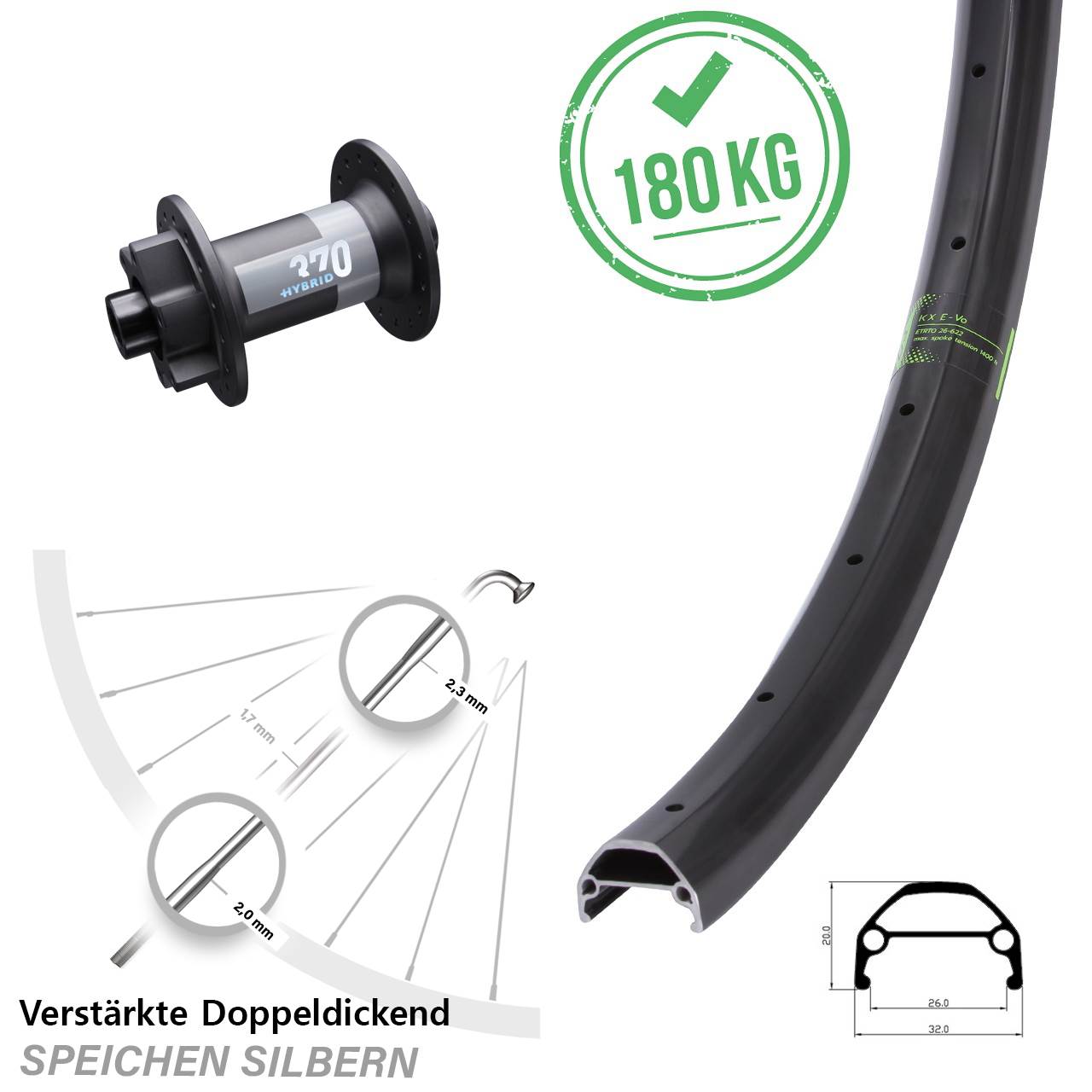 E-Bike Boost 6-Loch 29 Zoll Vorderrad KX Evo 26-622 ETRTO DT Swiss 370 Hybrid 15x110 mm